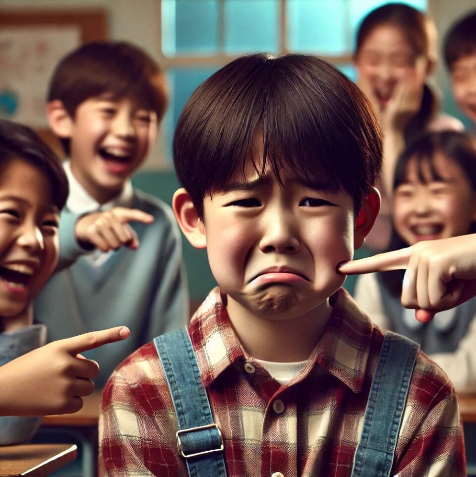 돌출입으로 친구들에게 놀림을 받고 있는 아이